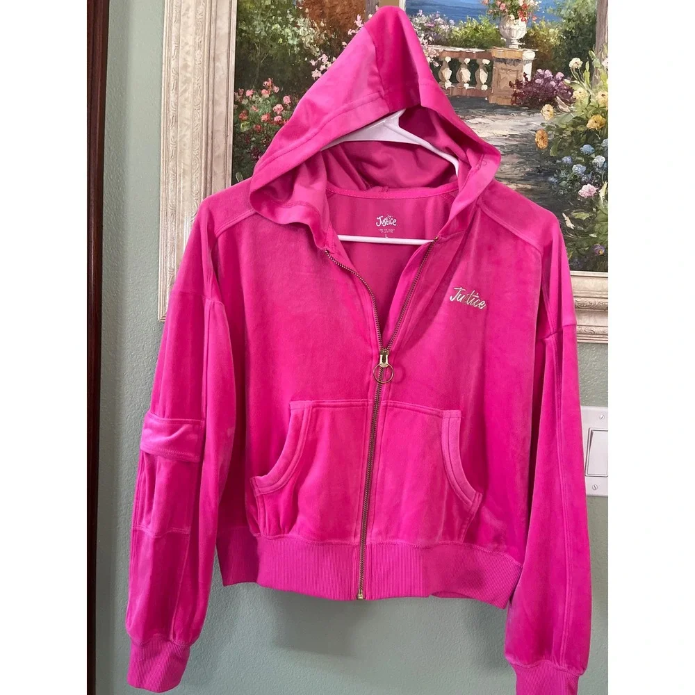Justice Girls Pink Velour Full-Zip Cropped Hoodie Cargo Pocket Size Large